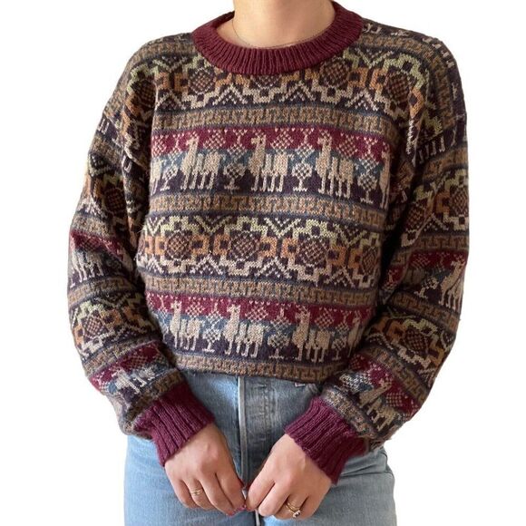 Vintage 90s Mens Peruvian Alpaca Wool Striped Geometric Oversized Sweater Sz L - Picture 3 of 6